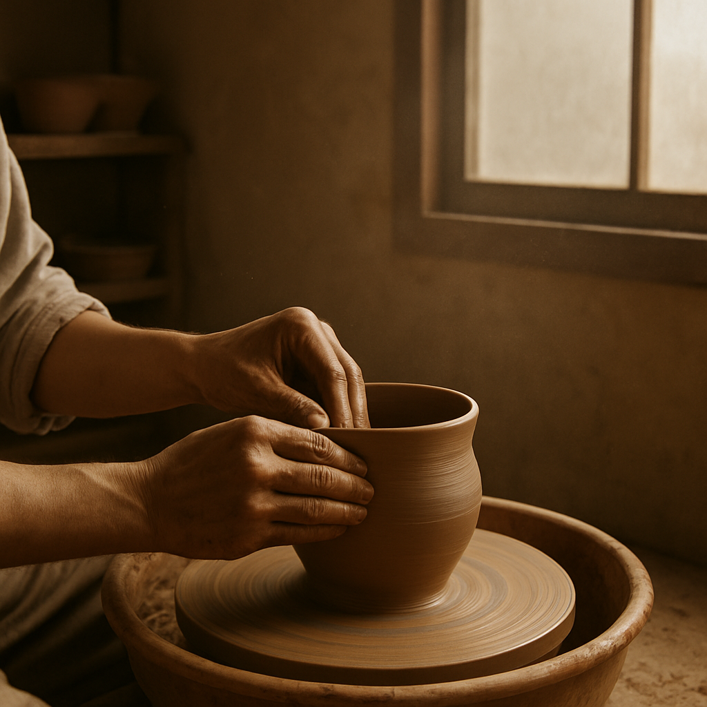 轆轤で土を成形する手元